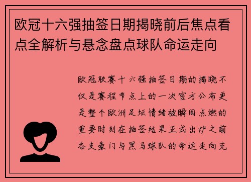 欧冠十六强抽签日期揭晓前后焦点看点全解析与悬念盘点球队命运走向